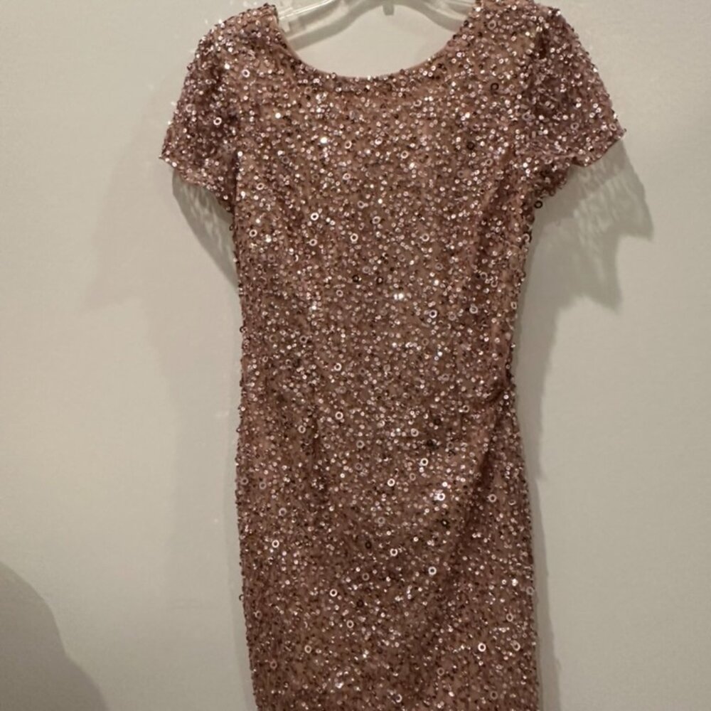Adrianna Papell Sequined Champagne Short Dress